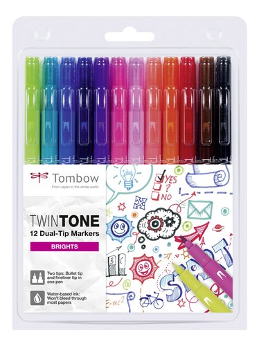 TOMBOW - ROTULADOR TWINTONE DOBLE PUNTA COLORES BRILLANTES ESTUCHE de 12 (Ref.WS-PK-12P-1)