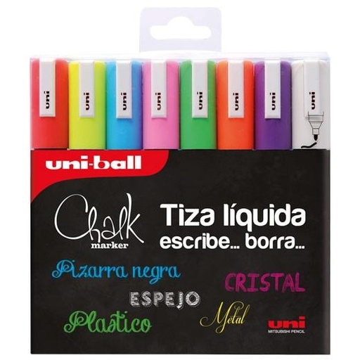UNI-BALL - MARCADOR TIZA LIQUIDA CHALK MARKER PWE-5M 1,8-2,5 mm ESTUCHE de 8 (trazos y col.surtidos) (Ref.153494341)
