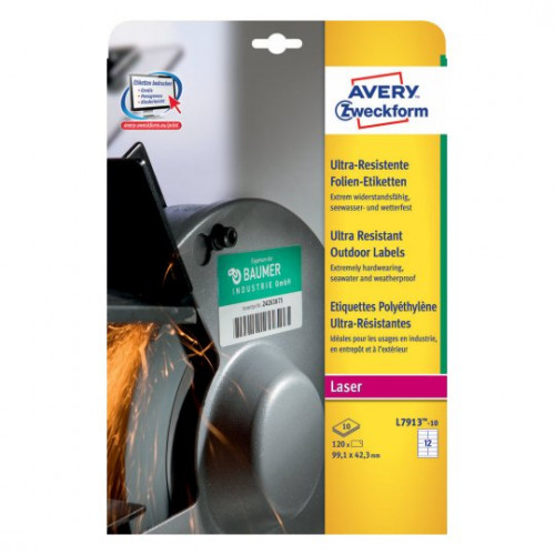 [1729630] AVERY - Caja 10 h.,120 etiq., 99,1x42,3mm, blancas muy resistentes polietileno,imresora láser (Ref.L7913-10)