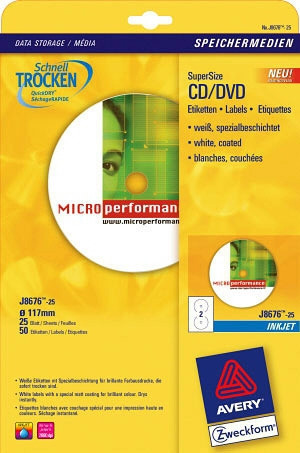 [1708838] AVERY - Etiquetas Multimedia para CD/DVD Caja 25 hojas 117 mm Inkjet mate (Ref.J8676-25)