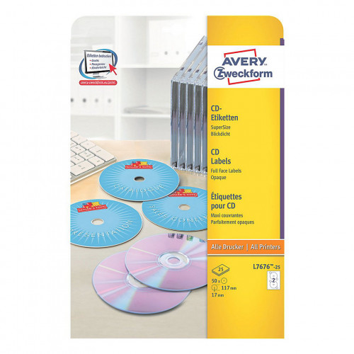 [1571941] AVERY - Etiquetas Multimedia para CD/DVD Caja 25 hojas 117 mm Inkjet/laser blanco (Ref.L7676-25)