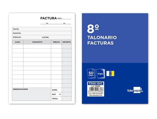 [2099880] LIDERPAPEL - TALONARIO FACTURAS 8º ORIGINAL Y 2 COPIAS T300 CON I.G.I.C. (Ref.T300 IGIC)