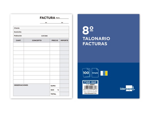 [2099882] LIDERPAPEL - TALONARIO FACTURAS 8º ORIGINAL T100 CON I.G.I.C. (Ref.T100 IGIC)