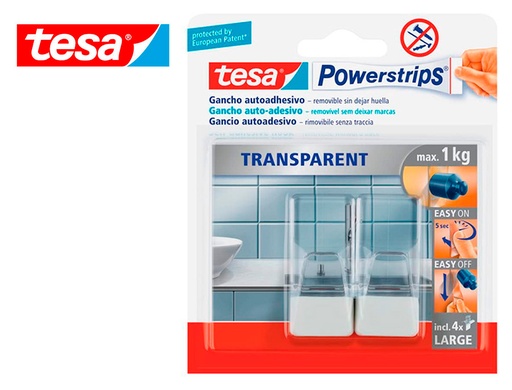 [2078079] TESA - GANCHO AUTOADHESIVO POWERSTRIPS GRANDE TRANSPARENTE/ACERO + TIRAS SUJECION HASTA 1 KG (Ref.58811-00001-00)