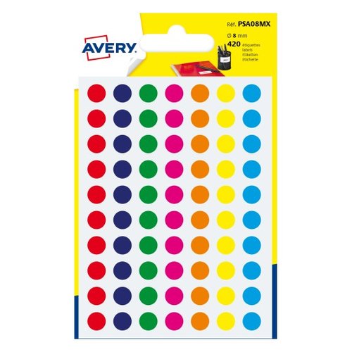 [1941709] AVERY - Sobre 420 etiquetas redondas colores surtidos. 8mm. PSA08MX (Ref.PSA09MX)