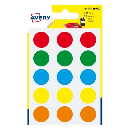 [1941714] AVERY - Sobre 90 etiquetas redondas colores surtidos 19mm. (Ref.PSA19MX)