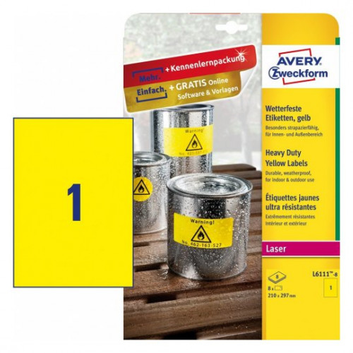 [1921633] AVERY - Caja 8 hojas con etiquetas 210X297mm. amarillas en poliéster para impresoras laser (Ref.L6111-8)
