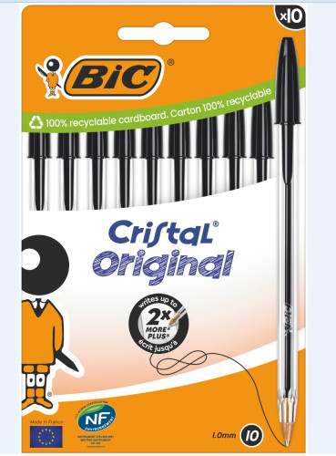 [1942141] BIC - Bolsa 10 bolígrafos Cristal negros. Trazo 0,4mm. (Ref.830864)