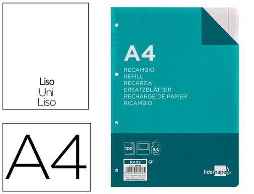 [2029106] LIDERPAPEL - RECAMBIO A4 100 HOJAS 100G/M2 LISO CON MARGEN 4 TALADROS (Ref.RA03)
