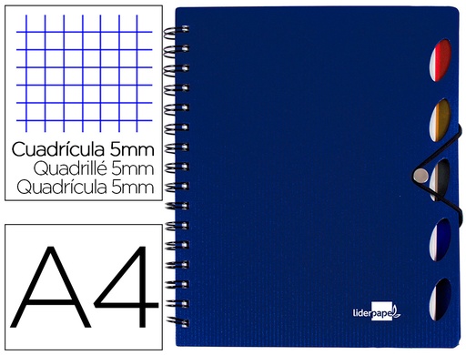 [2035970] LIDERPAPEL - CUADERNO ESPIRAL A4 MICRO EXECUTIVE TAPA PLASTICO 100H 80 GR CUADRO 5MM 5 SEPARADORES CON GOMILLA AZUL (Ref.BE18)
