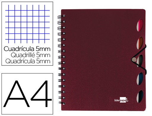 [2035969] LIDERPAPEL - CUADERNO ESPIRAL A4 MICRO EXECUTIVE TAPA PLASTICO 100H 80 GR CUADRO 5MM 5 SEPARADORES CON GOMILLA BURDEOS (Ref.BE19)
