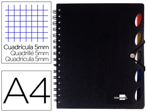 [2035968] LIDERPAPEL - CUADERNO ESPIRAL A4 MICRO EXECUTIVE TAPA PLASTICO 100H 80 GR CUADRO 5MM 5 SEPARADORES CON GOMILLA NEGRO (Ref.BE20)
