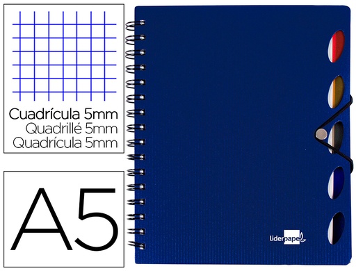 [2035975] LIDERPAPEL - CUADERNO ESPIRAL A5 MICRO EXECUTIVE TAPA PLASTICO 100H 80 GR CUADRO 5MM 5 SEPARADORES CON GOMILLA AZUL (Ref.BJ34)