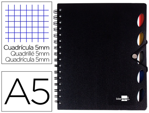 [2035973] LIDERPAPEL - CUADERNO ESPIRAL A5 MICRO EXECUTIVE TAPA PLASTICO 100H 80 GR CUADRO 5MM 5 SEPARADORES CON GOMILLA NEGRO (Ref.BJ36)