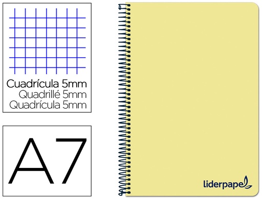 [2029645] LIDERPAPEL - CUADERNO ESPIRAL A7 MICRO THINK TAPA PLASTICO 100H 70G CUADRO 5MM 4 BANDAS AMARILLO (Ref.BG09)