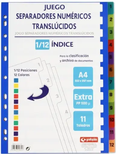 [41261100] GRAFOPLAS - Separadores Numéricos 1/12 A4 PP Extra Rígido (Ref.41261100)