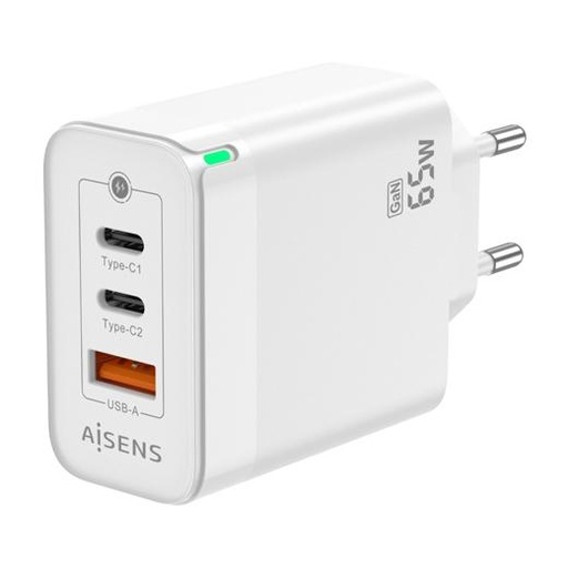 [ASCH-65W3P007-W] AISENS - CARGADOR GAN 65W, 2 USB-C PD3.0 QC4.0, 1 USB-A QC3.0 - BLANCO (Ref.ASCH-65W3P007-V)