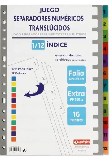 GRAFOPLAS - Separadores Numéricos 1/12 FOLIO PP Extra Rígido (Ref.41262100)